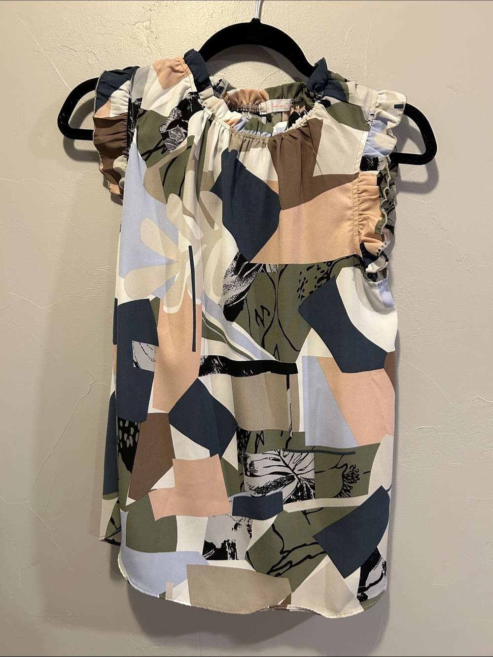 Sleeveless Abstract Patchwork Ruffle Neck Top - Multi